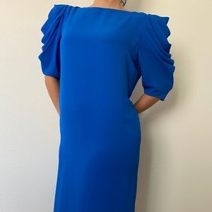 Michael Maiello for Pat Richards 80s Ruched Sleeve Blue Knee Length Dress